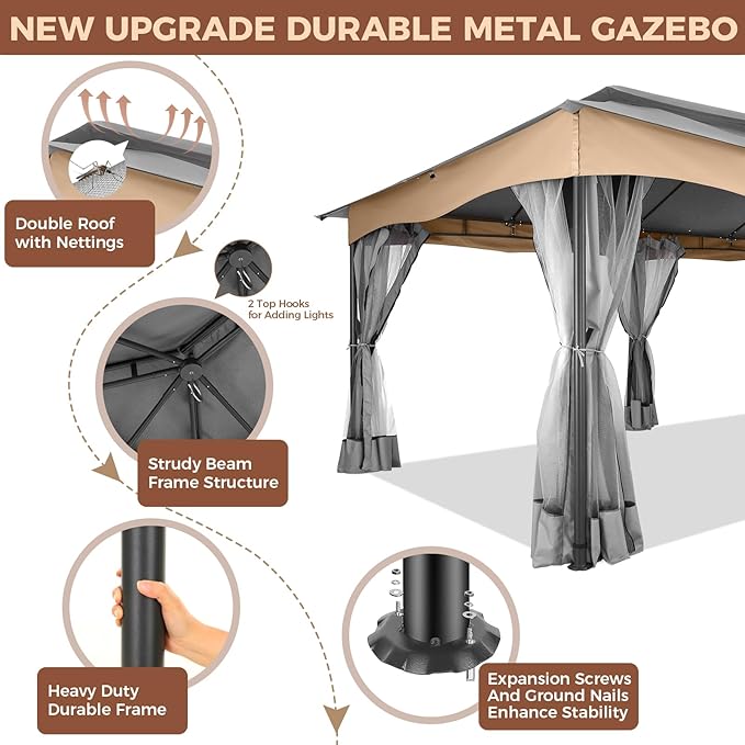 COBIZI Gazebo 12x20 Heavy Duty Gazebos with Improved Nettings Outdoor Gazebo Canopy Double Roof Patio Gazebos with Metal Steel Frame for Patio, Deck, Backyard (Gray)