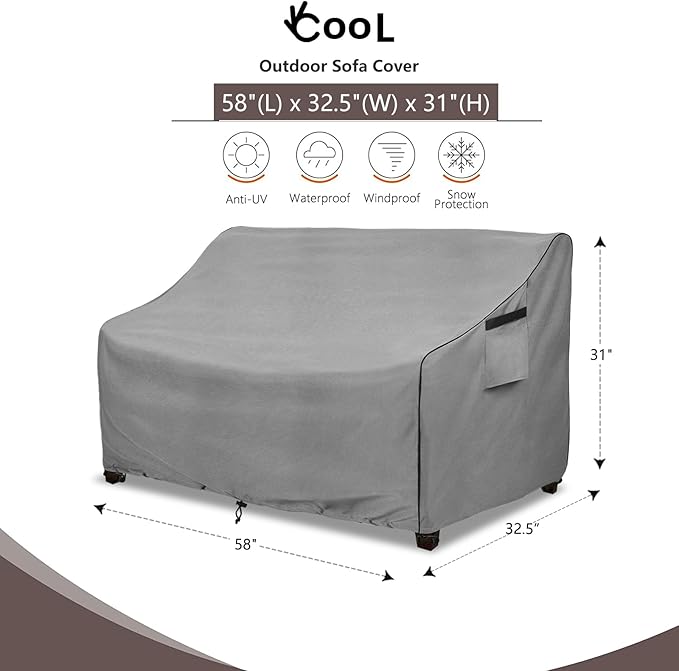 okcool Heavy Duty Patio Sofa Cover, 100% Waterproof 2-Seater Outdoor Sofa Cover Fits up to 58W x 32.5D x 31H Inches, Lawn Patio Furniture Covers,Grey