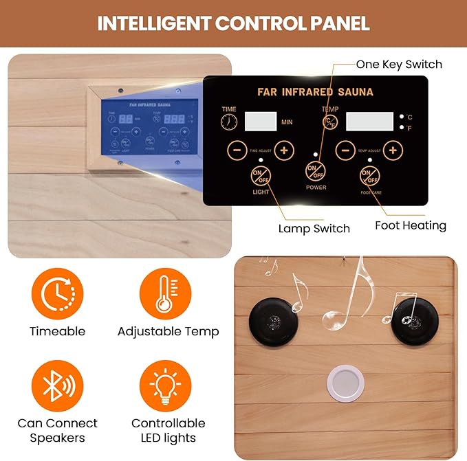 Sauna, Far Infrared Saunas for Home Room 800W/110V Indoor Sauna for Single Person Okoume Wood Sauna with 1 Person Low EMF Dry Sauna with Speakers/Air Hole and LED Color Light - 28.8 * 35.3 * 61.5 in