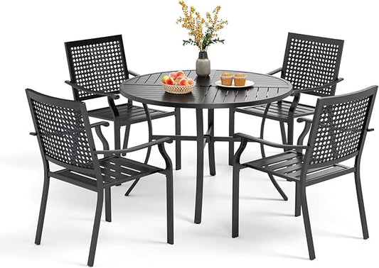 PHI VILLA 5 Pieces Outdoor Round Dining Set for 4, Steel Circle Table with Umbrella Hole & Stacking Wrought Iron Chairs, Modern Dining Furniture Set for Patio, Deck, Yard, Porch
