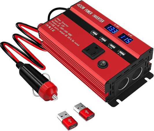 400W Power Inverters for Vehicles, Car Power Inverters DC 12V to 110V AC Car Plug Adapter Outlet with 2 Type-C (Equip with 2 USB), Fast Charger for Phone, Laptop