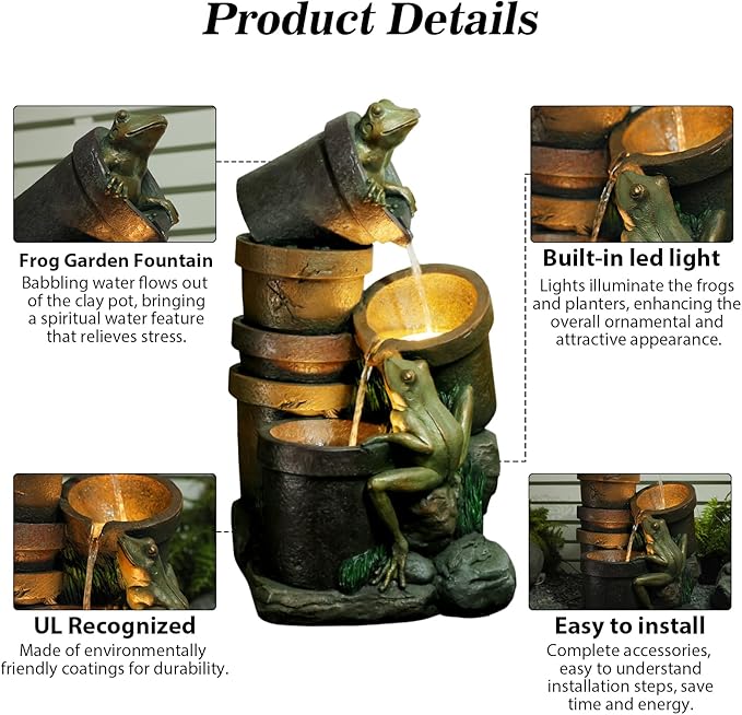 27.2''H Garden Fountains Outdoor Water Fountain,3 Tier Cascading Barrel Frog with LED Lights & Pump for Farmhouse Patio Yard Deck Home Lawn Porch House Decorations