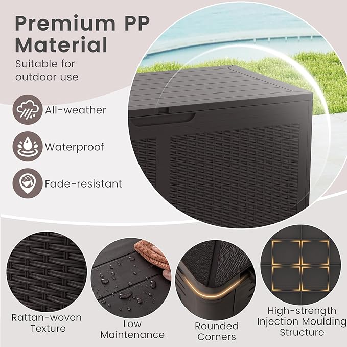 HAPPYGRILL 100 Gallon Resin Deck Box Outdoor Waterproof Storage with Lockable Lid, Rattan Texture Storage Container with Wheels for Pool Accessories, Garden Tool, Patio Furniture Cushion (Brown)