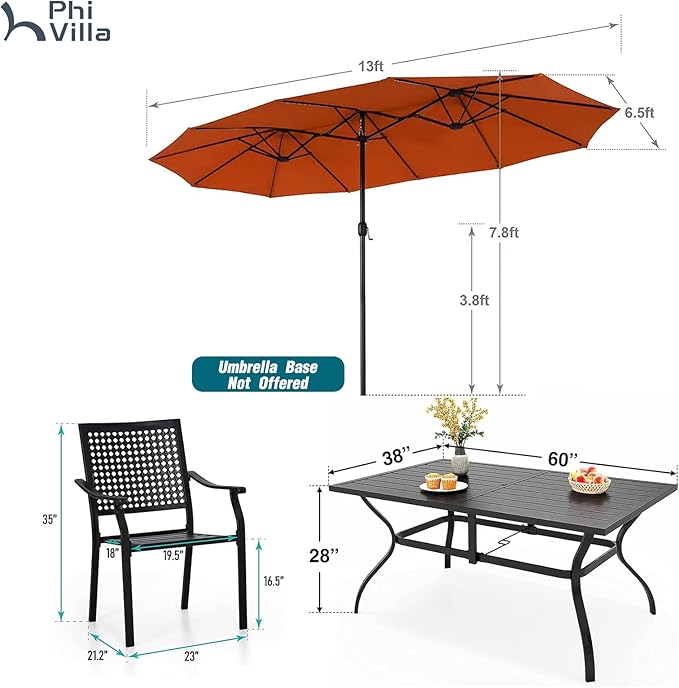 PHI VILLA 7 Pieces Patio Dining Set for 6 with 13ft Large Patio Umbrella, Metal Outdoor Stackable Wrought Iron Chair Set of 6 & 60"X38" Metal Dining Table,Market Table Orange Red Umbrella
