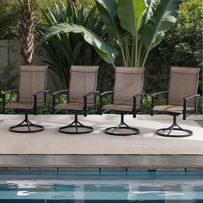 Patio Swivel Chairs Set of 8, Outdoor Swivel Chairs with Armrest, High Back Patio Chair with Metal Frame, All-Weather Outdoor Dining Chair for Deck, Porch and Lawn, Mocha