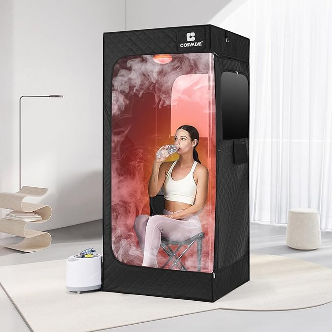 COSVALVE Portable Steam Sauna Box with Red Light for Home with 1600W 4L Steamer, Comfort Folding Chair, Indoor at Home Sauna Tent, Personal Steam Room for Relaxation, 2.9' x 2.9' x 5.9', Black