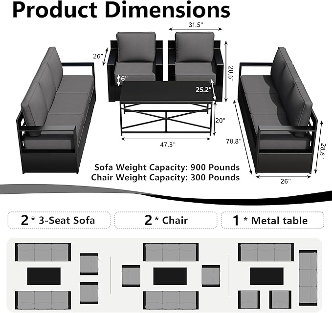 Outdoor Patio Furniture Set, 5-Piece Aluminum Patio Conversation Set All-Weather Metal Outdoor Sectional with 6 Inch Thick Cushions, Deep Setting for Garden, Outside and Porch