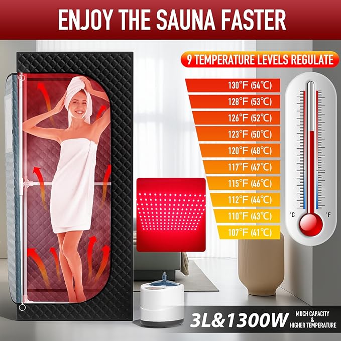 Infrared Steam Sauna with 660nm Red Light Therapy & 850nm Infrared Light Panel, 3L 1300W Steamer, Folding Chair, XXL Portable Sauna Personal Sauna Box Sauna Tent Home Sauna