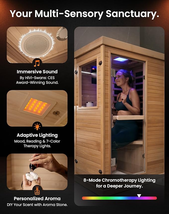 PAETA Infrared Sauna | 1-Person Indoor Dry Sauna with 5 Carbon Heaters | Fast & Even Heating Low EMF | Bluetooth & Chromotherapy for Home Sauna(Wooden)
