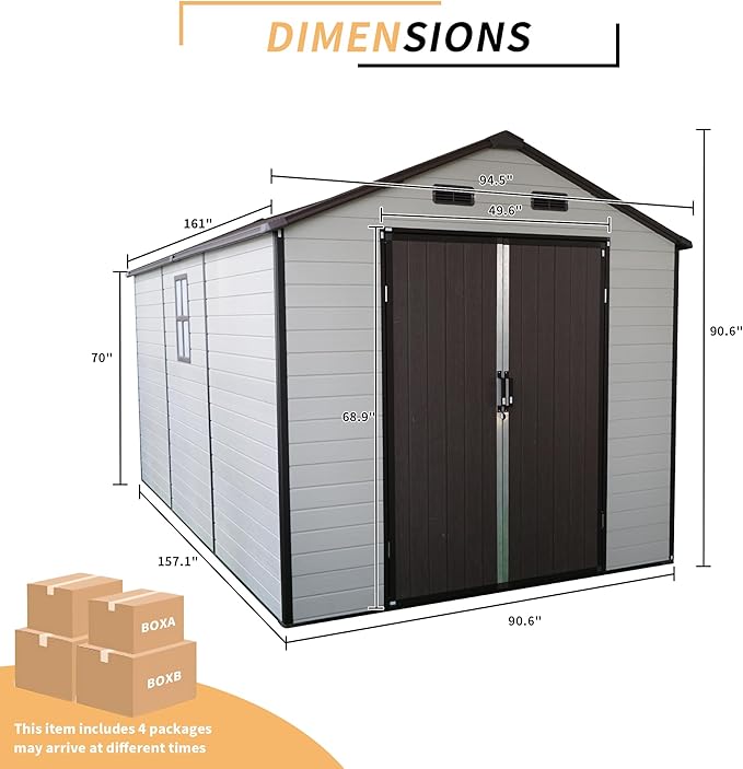 LANTRO JS Outdoor Storage Shed, 8x14x7.6FT Plastic Storage Shed with 2 Windows and Strong Aluminum Frame for Garden Tools, Bike, Lawnmower, White and Brown