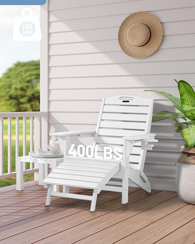 Folding Adirondack Chairs Set of 6,Adirondack Chair with Retractable Ottoman,Plastic Adirondack Chairs with 2 Cup Holder,Weather Resistant Patio Chair,Outdoor Chairs Set of 6(White)