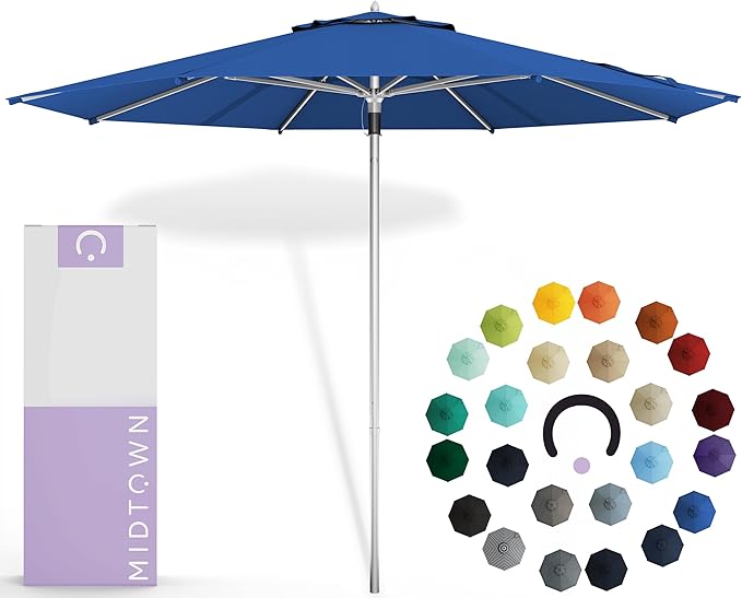 Midtown Umbrellas Push Pop Sunbrella Umbrella 9 Feet Outdoor Umbrella in Dark Blue Acrylic - Patio Umbrella, Backyard Umbrella, Garden Umbrella, Picnic Table Umbrella & Pool Umbrella - Black Pole