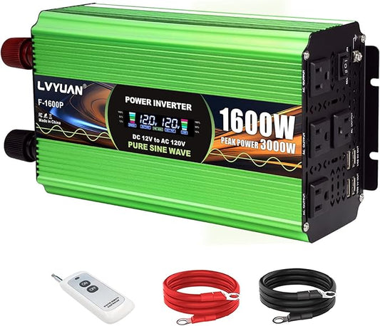 1600W Pure Sine Wave Power Inverters, LVYUAN 3000W Peak Power 12V DC to AC 120V Converter for Vehicle, RV, Off-Grid Solar, Remote Control 4 AC Outlets, 4 USB Ports Inverter with LCD Display