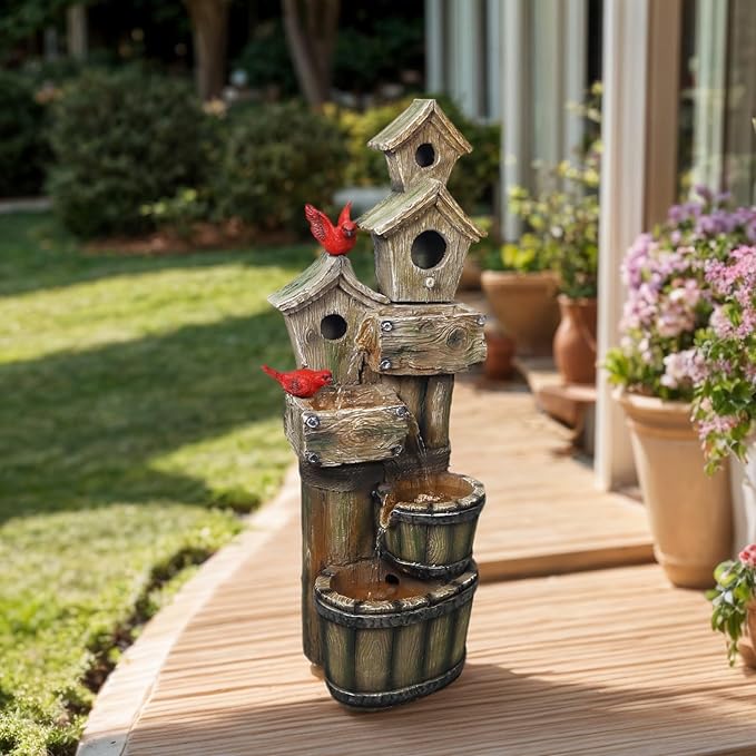 35" Tall Outdoor 4-Tier Birdhouse Floor Standing Water Fountain with LED Lights for Garden, Patio, Yard, Porch Art Home Decor (Bird)