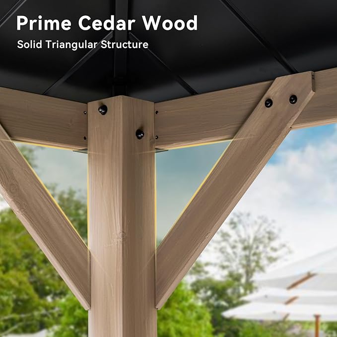 Aoxun 12' x 16' Outdoor Wood Gazebo, Hardtop Gazebo Permanent Wooden Pavilion with Galvanized Steel Double Roof, for Patio, Garden, Backyard, Cedar Wood