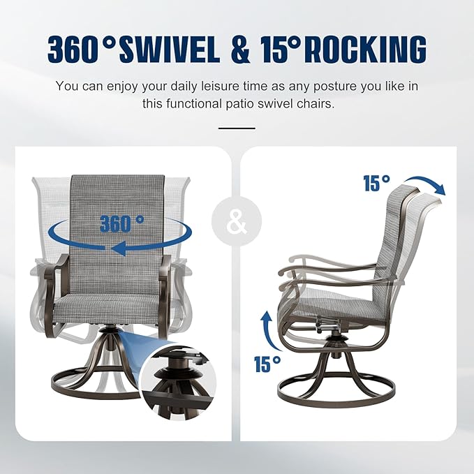 UDPATIO Patio Swivel Chairs Set of 2, Outdoor Dining Chairs High Back with Padded All Weather Breathable Textilene, Metal Rocking Frame for Backyard Lawn Garden, Grey White