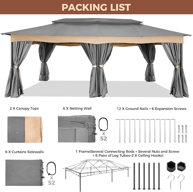 COBIZI Gazebo 12x20 Heavy Duty Gazebos with Curtain and Netting Outdoor Gazebo Canopy Double Roof Patio Gazebos with Metal Steel Frame for Patio, Garden, Backyard (Gray)