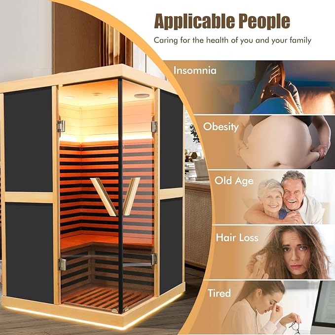 2 Person Sauna Infrared Saunas APP Control 7 Color Light 1980W Wooden Home Spa Room Canadian Hemlock Wood Low-EMF Indoor Saunas 47.2 * 47.2 * 75.6inch