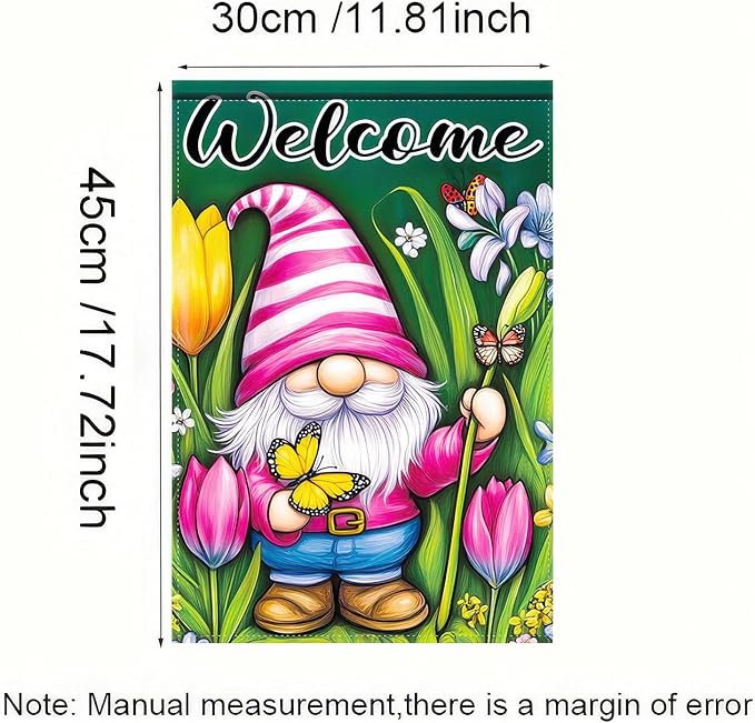 Spring Garden Flag 12x18 Inch Double Sided Cute Gnome Butterfly Outside Holiday Yard Welcome Spring Yard Flags Seasonal Decorations of Turmeric Flowers Outside Holiday Farmhouse Flag