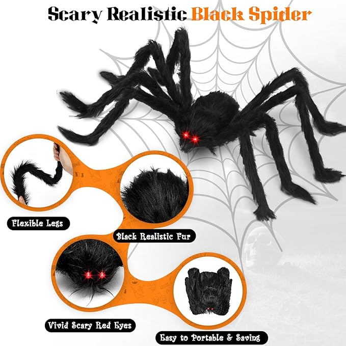 Halloween Giant Spider Decorations: 35/49/79 Inches Large Fake Scary Hairy - 3PCS Huge Plush Toy Props for Indoor Outdoor Creepy Lawn Garden Decor Black