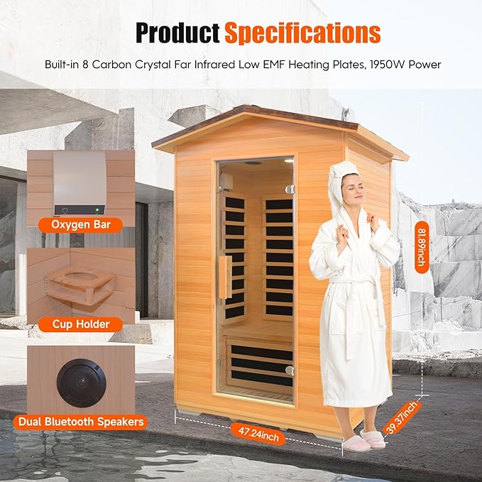 Outdoor Sauna 2 Person Far Infrared Saunas Dry Home Sauna Room Hemlock 1 to 2 Person Wood Sauna 1950W/110V Low EMF with Speaker, Reading Light, Cup Holder and Towel Rack - 47 * 39 * 82 in