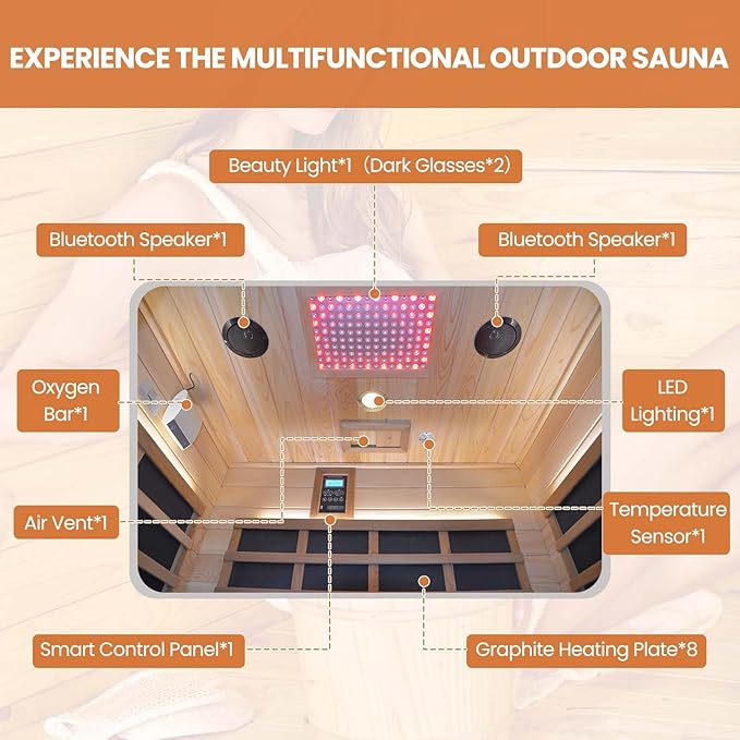 Outdoor Sauna 2 Person Sauna Infrared Saunas Dry Sauna Room 2080W/110V Low EMF Red Cedar and Canadian Fir Board Wood Sauna, Oxygen Bar, Speaker, LED Control Panel, Beauty Light - 48.8*38.2*81.9 IN