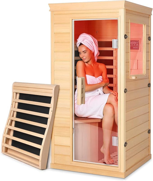 Far Infrared Sauna - 1 Person Infrared Sauna Red Light Therapy for Home, 850W 110V Canadian Hemlock Wood Saunas with Control Panel/Tempered Glass Door/Speakers, Mini Sauna Dry Room (Wood)