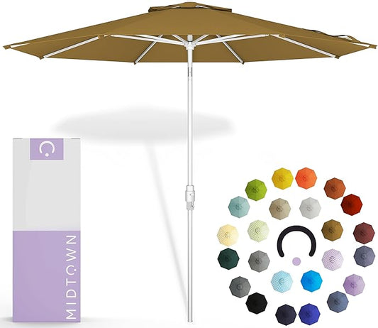 Midtown Umbrellas The Swilt 10 Feet Patio Umbrella in Terylast Sand (Tan) Polyester Fabric - Fiberglass Ribs, Auto-Tilt Aluminum Frame For Backyard, Deck, Garden, Pool - White Pole