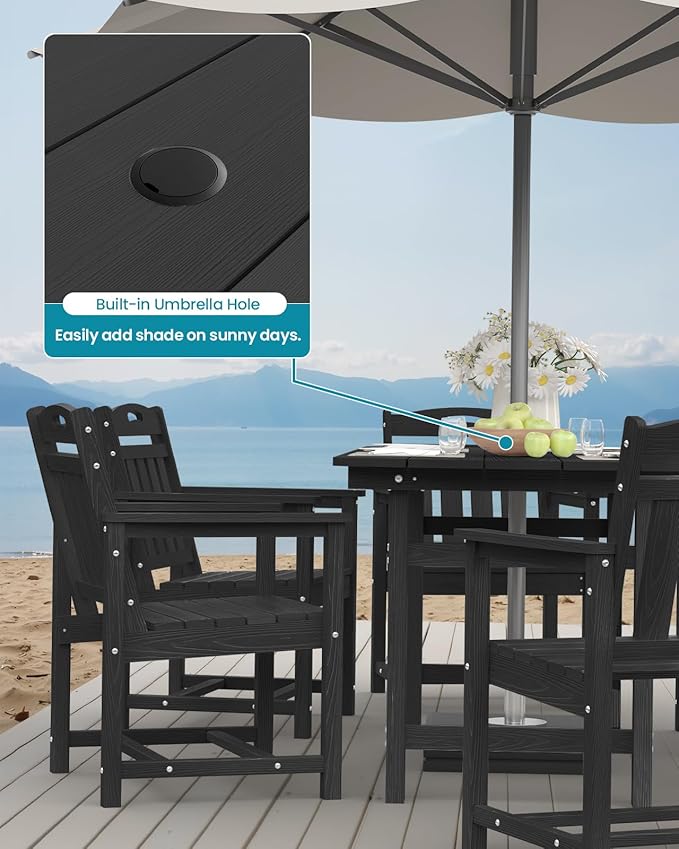 Ciokea HDPE Outdoor Dining Set 5-Piece Patio Table and Chairs with Umbrella Hole, All-Weather Patio Dining Set for 4, Durable Patio Furniture Set for Backyard, Garden, Lawn & Poolside, Black
