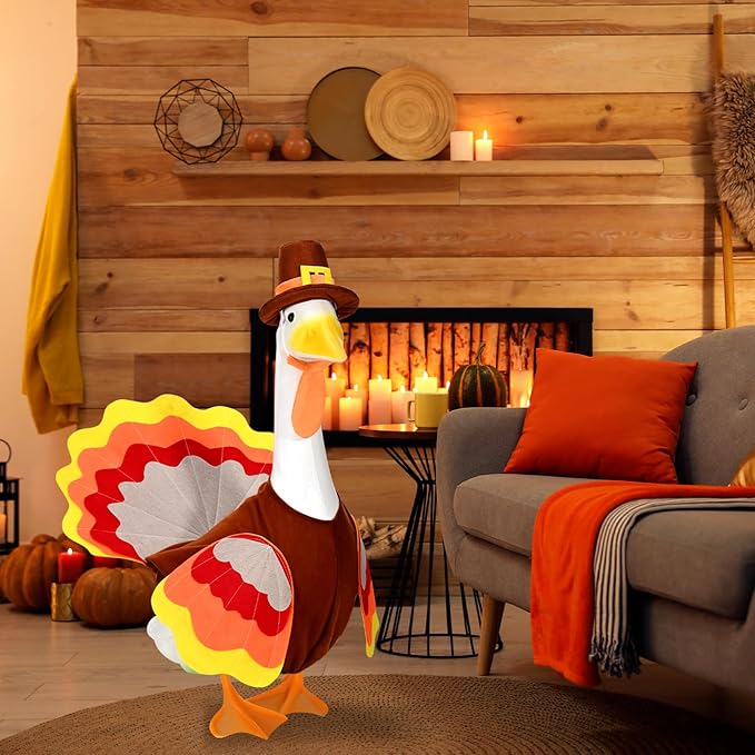 Thanksgiving Turkey Porch Goose Outfits Fall Lawn Goose Clothes, Fits 23" Cement Plastic Goose Statue for Autumn Outdoor Garden Yard Patio Statue Art Decoration