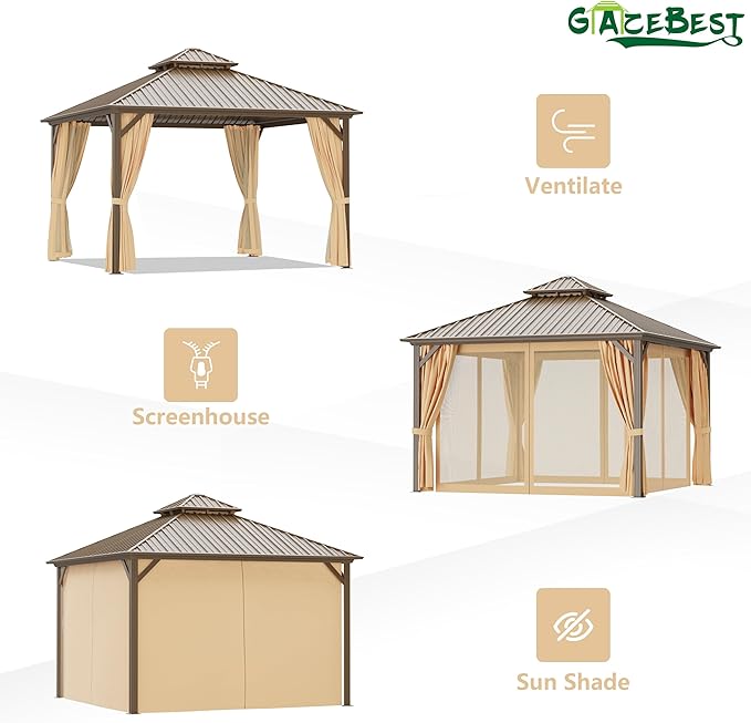12'x12' Hardtop Gazebo, Outdoor Aluminum Patio Gazebo Double Roof Galvanized Steel Canopy with Netting and Curtains,for Garden Patio, Backyard, Deck and Lawns.