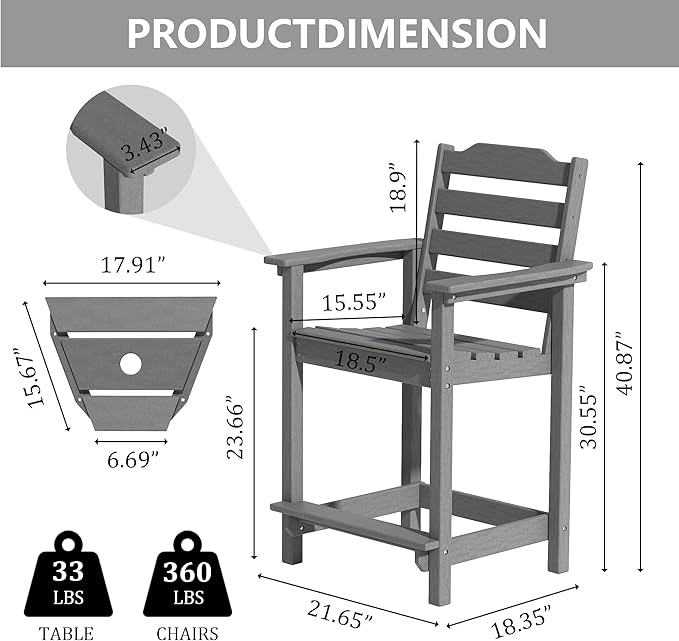 OTSUN Tall Adirondack Chairs Set of 6 with Connecting Tray, 24 inches HDPE Bar Height Outdoor Chairs, All Weather Resistant for Balcony, Porch, Kitchen (6 PCS, Grey)