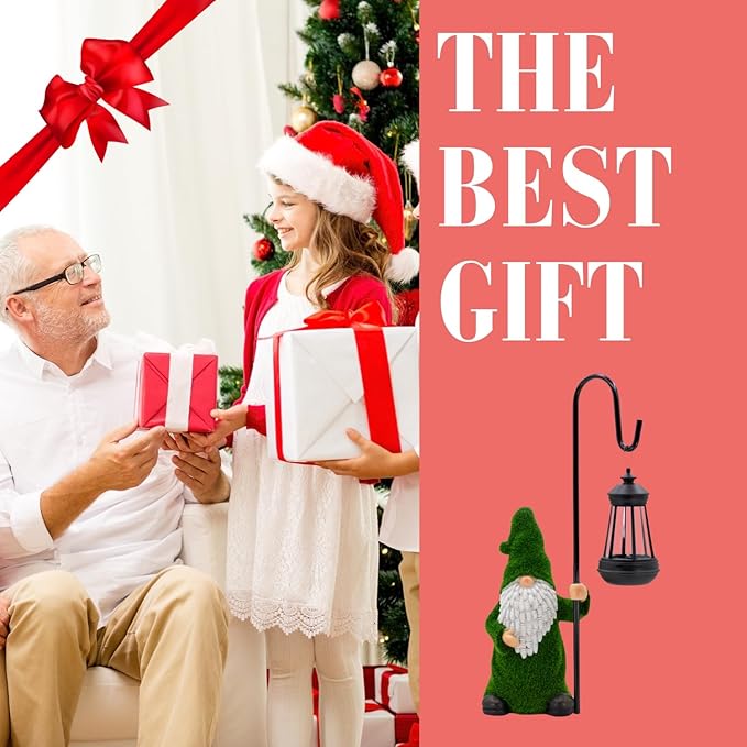 Garden Gnome with Solar Lantern, Grass-Like Flocked Hat, Outdoor Garden Figurine Lights, Unique Gift for Women, Mom, Friends (Green Flocked Gnome)