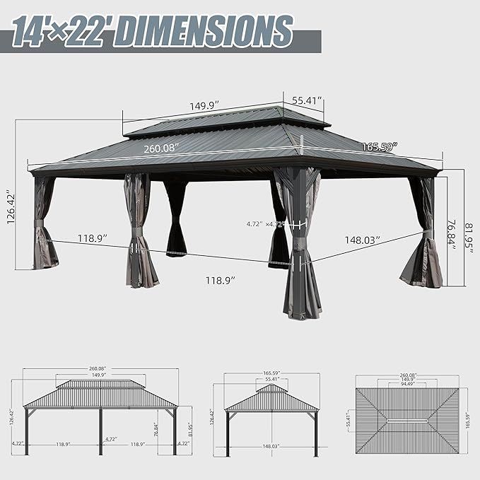 Domi 14' X 22' Hardtop Gazebo Outdoor Metal Gazebo Canopy with Galvanized Steel Double Roof, Aluminum Frame, Curtains and Netting for Patio, Deck, Garden, Grey