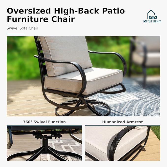 MFSTUDIO Metal Patio Conversation Sets, Outdoor Furniture Sofas Set of 2, 2 Pieces Durable Steel Frame Patio Swivel Chairs with 5.8" Beige Cushions for Patio Garden Backyard Balcony