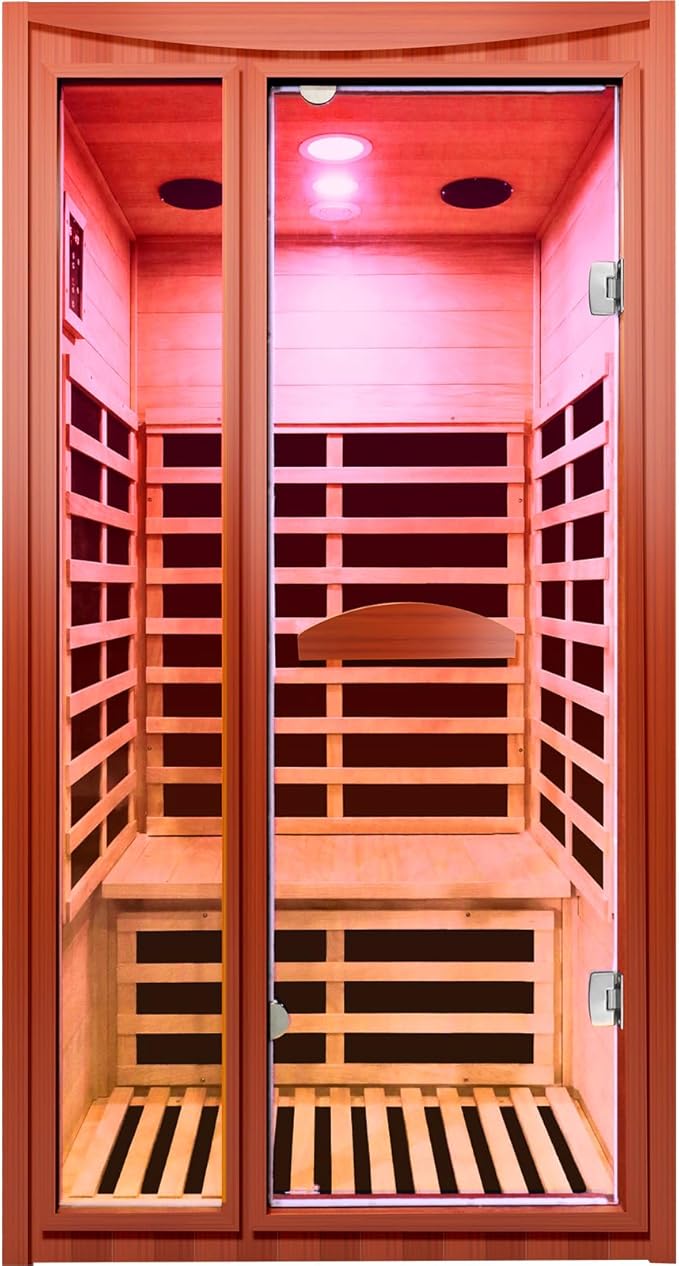 Far Infrared Intdoor Sauna Okoume Wooden Saunas Spa 1550W Dry Sauna Room for 1-2 Person with Bluetooth 7 Color Light 39.37 * 35.43 * 74.8 inch