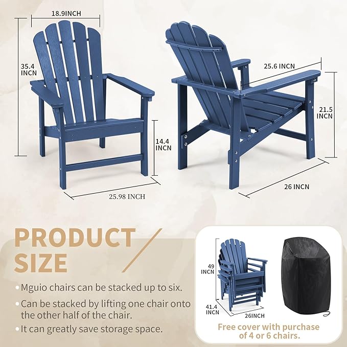 Stackable Adirondack Chairs Set of 4, Space Saving HDPE All-Weather Fire Pit Chair with Cover for Outdoor Lawn Porch Deck