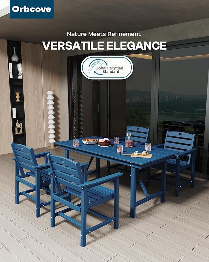Patio Table and Chairs Set with Umbrella Hole, HDPE Patio Dining Set for 6, Outdoor Dining Set for Lawn, Patio, Porch, Deck, Poolside, Yard (Classic Blue, 7-Piece)