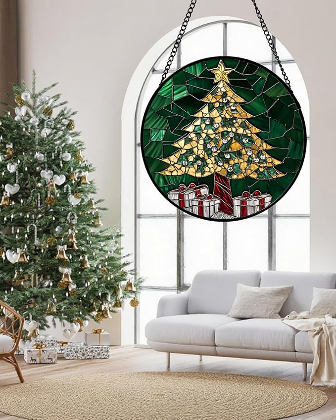 Stained Glass Window Hanging - Gold Green Christmas Tree Suncatcher for Doors Home Christmas Decoration Winter Sun Catcher Thanksgiving New Year Birthday Gifts for Women Men Mom Nana 11.8 in