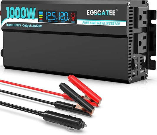 1000W Pure Sine Wave Inverter - 12V DC to 110V/120V AC Car Power Converter with 2 AC Outlets, USB Port, Type-C Port, LCD Display Power Inverter for Car, Truck, Home, Vehicles, Laptop