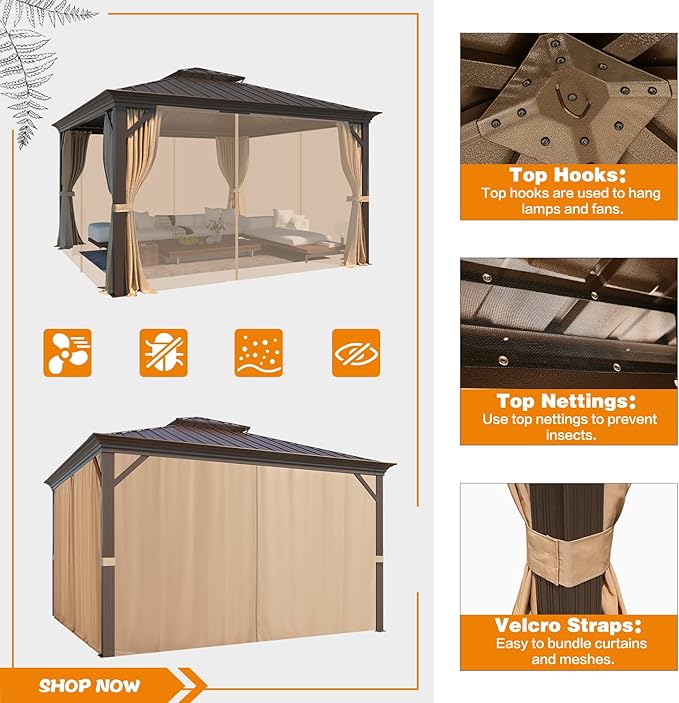 EROMMY 12' x 12' Gazebo Hardtop Double Roof Galvanized Steel Gazebos with Netting and Curtains Outdoor Aluminum Frame Permanent Metal Pavilion for Patio Backyard Deck and Lawns