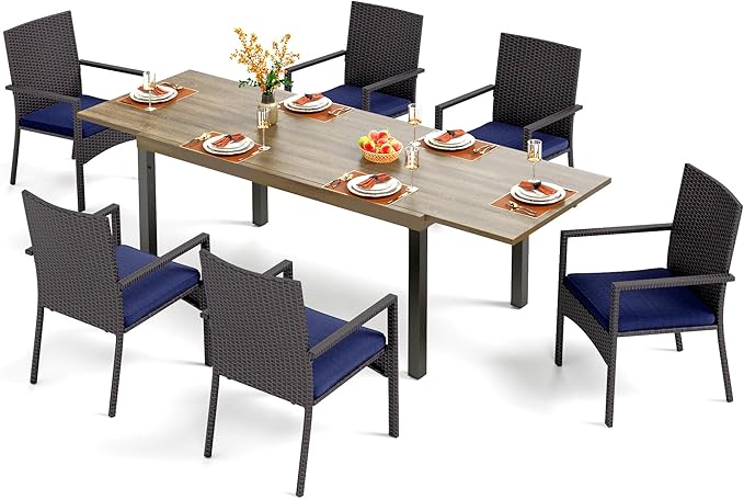 PHI VILLA 7 Piece Patio Dining Set for 6, Expandable Wood-Like Metal Dining Table & Wicker Chairs with Cushions, Large Dining Furniture for Outdoor Deck, Backyard, Porch
