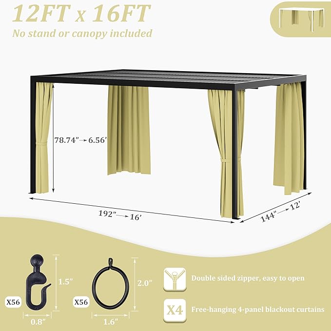 Gazebo Universal Replacement Privacy Curtain,12'×16' Gazebo Outdoor Waterproof Curtains, 4-Panels Sidewall Curtains with Double Zipper for Patio Canopy, Garden and Backyard (Curtain Only)
