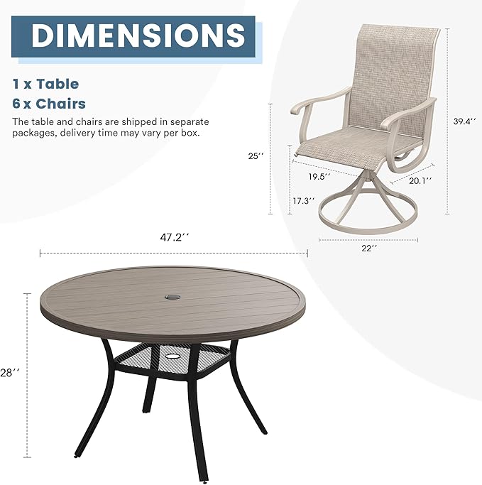DIFY 7 Pieces Outdoor Patio Dining Set, 6 Sandshell Textilene Swivel Dining Chairs and 47.2" Grey Wood-Like Round Dining Table, Metal Outdoor Table and Chairs