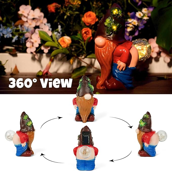 Solar Garden Statues Lights, 8.5" Cute Outdoor Gnome Figurine with Auto On/Off for Yard Patio Decor, Gifts for Women, Grandma, Mom, Housewarming (Farting Gnome Statue)