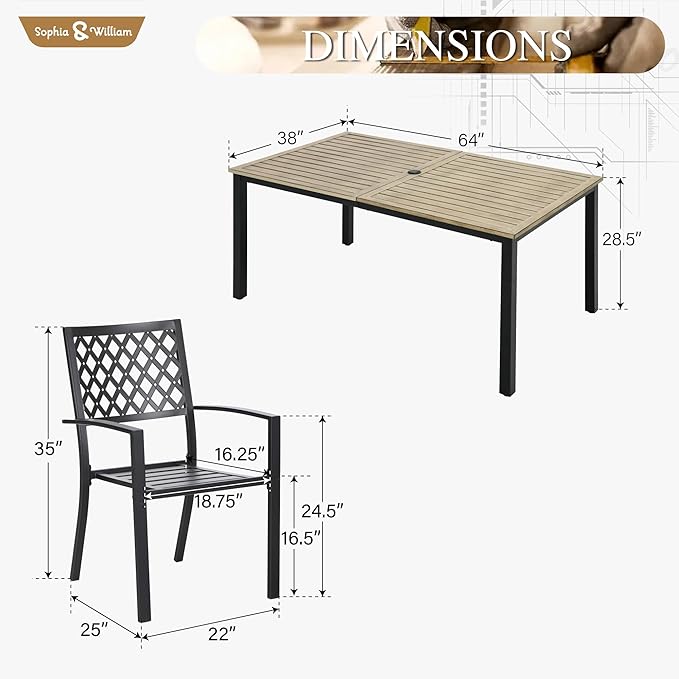 Sophia & William Patio Dining Set Outdoor Table and Chairs 7 Piece Metal Patio Table Furniture Set with Large Rectangular Dining Table for 6 Person and Stackable Outdoor Chairs Support 300LBS (Balck)