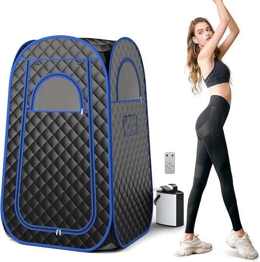 Giantex Portable Sauna, Full Body Steam Sauna w/ 3L Steam Box, Remote Control, Wood Foot Roller & Foldable Chair, Pop-Up Sauna Box for Single Person, Lightweight Personal Sauna Tent for Home (Black)