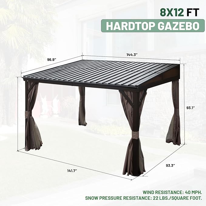 8’ x 12’ Lean to Gazebo, Outdoor Wall Mounted Gazebo Aluminum Frame, Hardtop Pergola with Galvanized Steel Sloping Roof for Patio Deck Garden Backyard, Curtain and Netting Included