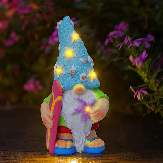 Womens Gifts Solar Garden Outdoor Statues Gnome with Surfboard and 5 LED Lights - Unique Housewarming Gifts Lawn Decor Statue for Patio, Balcony, Yard Ornament