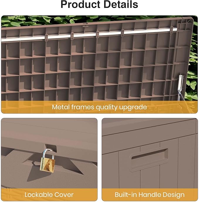 Patiolife 100 Gallon Resin Deck Box, Large Outdoor Storage Box for Garden Tools, Pool Supplies, Waterproof and Lockable, Dark Brown